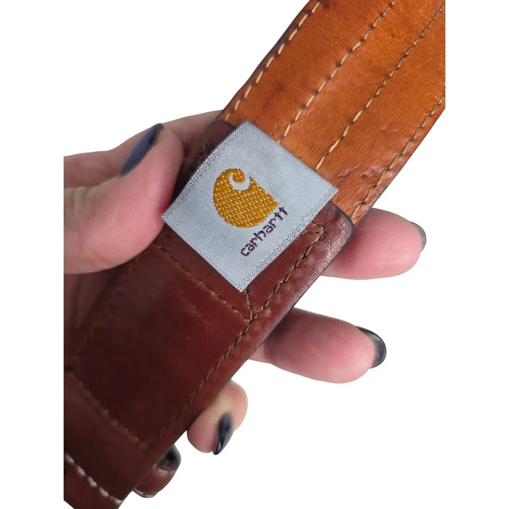 Carhartt Vintage M's Brown Genuine Leather Canvas Camo Belt Sz‎ 36 Triple Stitch